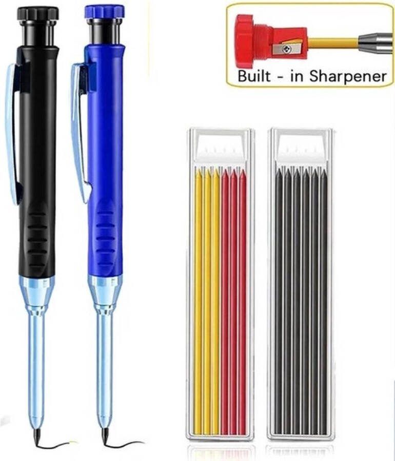 LOUZIR 4 Delig Bouwpotlood set Timmerman Potlood X2 markeerpotloden zwart en blauw en X12 navullingen Perfect voor Timmerwerk en Markeringen