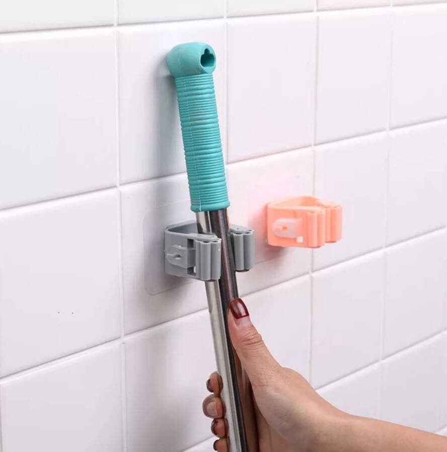 LOUZIR 4 Stuks Bezem Ophangsysteem Bezemhouder Gereedschapshouder Zelfklevend Mop Houder Badkamer accessoires Keuken Opbergrek