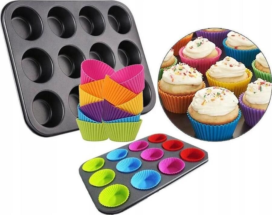 LOUZIR Muffin Bakvorm Non Stick Koolstaal Herbruikbaar Met 12 Cupcake Vormpjes Incl. Papieren vormpjes