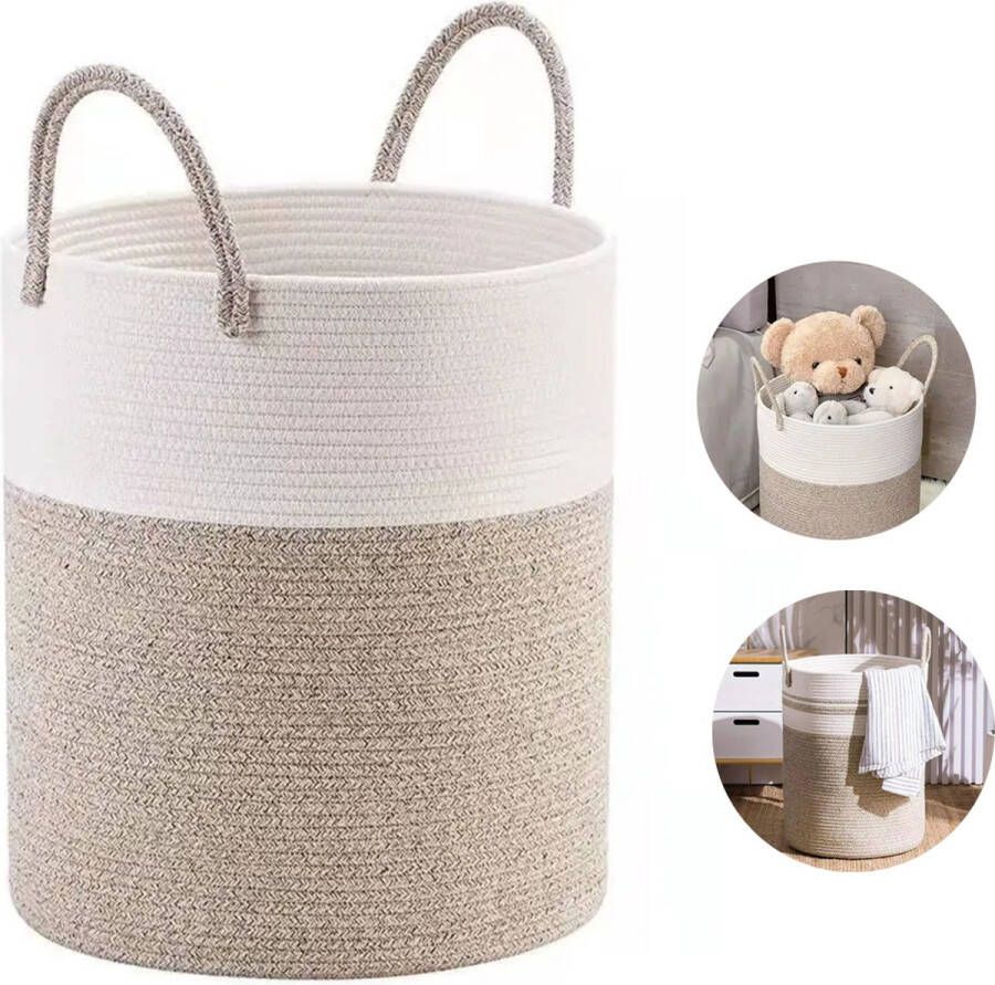 LOUZIR Opbergdozen Wasmand Laundry baskets Handdoekenmand voor badkamer Wasmand Katoen Mand Rond met handvaten Wasbox Opvouwbaar 50*38 CM