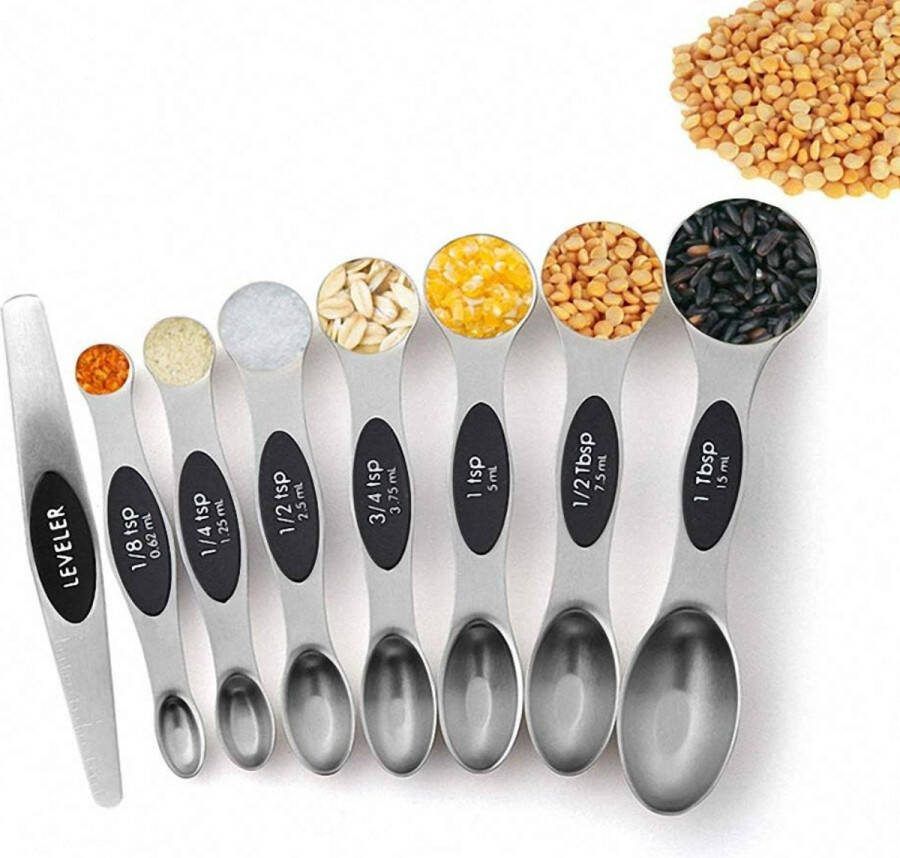 LOUZIR Set Van 8 Delige Magnetische Maatlepel Maatbeker Measuring Spoons Maatschepjes RVS