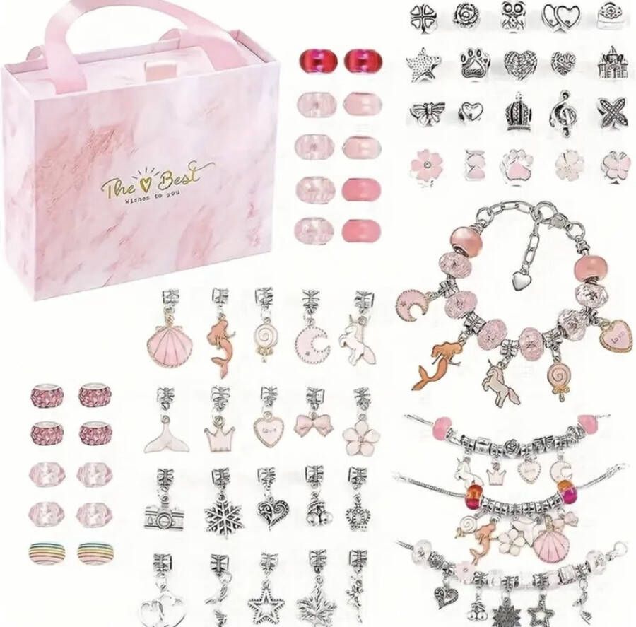 Love DIY Doe-het-zelf 66 delig bedelarmband set zelf sieraden armbanden maken roze kleur sieradenset met eenhoorn unircorn zeemeermin bedels knutselset voor meisjes tienermeisjes verjaardagcadeau creatief speelgoed voor kinderen vanaf 5 jaar