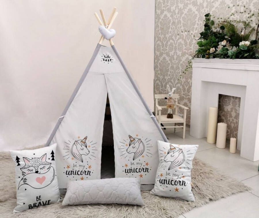 LoveGifts Luxe handgemaakte unicorn eenhoorn tipi tent speeltent wigwam voor kinderen 110 x 110 x 160 cm inclusief 3 kussens en grond kleed gemaakt van 100% katoen en pluche premium kwaliteit en een uniek design