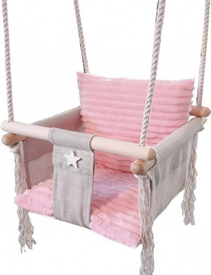 LoveGifts Luxe houten handgemaakte baby schommel en kinder schommel met roze kussen – Baby swing Schommelstoel Schommels Roze kussen