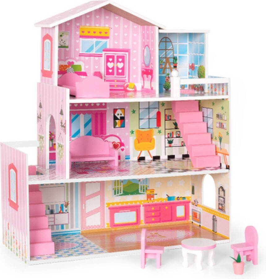 Lovellia houten poppenhuis met accessoires voor slaapkamer woonkamer kleedkamer etc. geschikt voor poppen 7-12 cm lief groot droomhuis kinderpoppenhuis 70cm roze