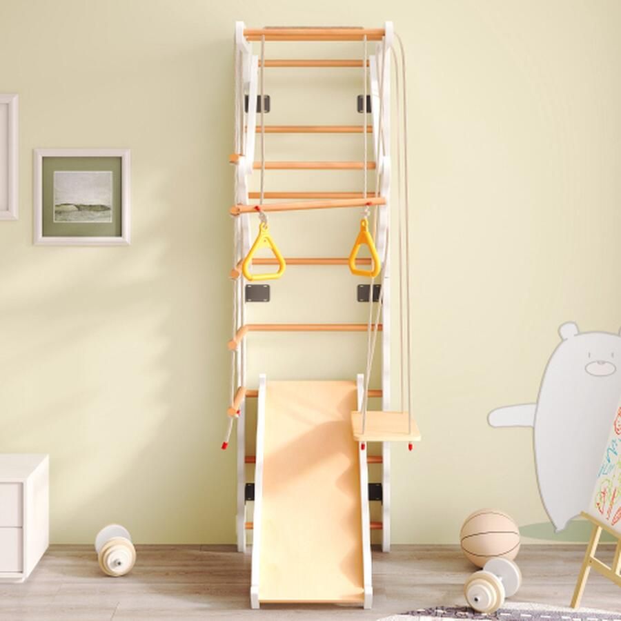 Lovellia – 6-in-1 multifunctioneel speeltoestel voor kinderen wandpalen massief hout beuken glijbaan 199 cm schommel ladder klimrek optrekgedeelte