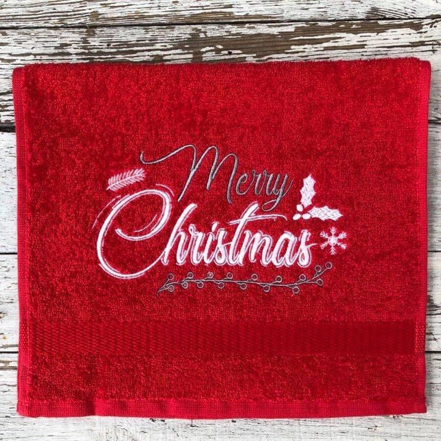 Lovely Stitches Gastendoekje Kerst Rood Merry Christmas Grijs Wit Geborduurd