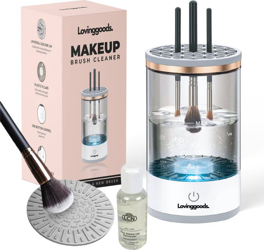 Lovinggoods 3 in 1 Automatische Make up Kwastenreiniger en droger – Make up remover Inclusief 50ml Reinigingsvloeistof – Wit