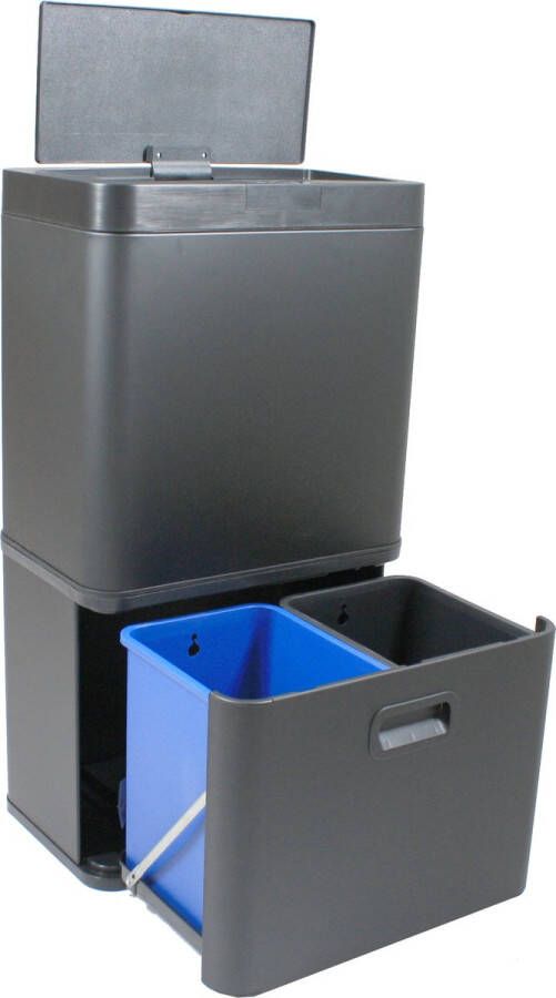 GS Quality Products Lowander afvalbak afvalscheiding 56 liter Prullenbak Vuilnisbak met 3 vakken & sensor Zwart