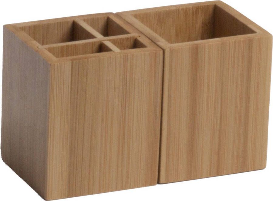 Löwenthal 2x stuks Bamboe houten keukengerei houder vierkant Bestek organiser houder 10 x 8 cm