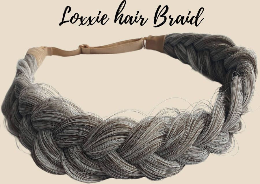 Loxxie haarband met vlecht haar extensions braid verstelbaar universele pasvorm grijs bruin mix