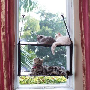 LS L.S Kattenraambaars Kattenhangmat voor raam 2 lagen bed tot 50 pond kitty zonnige stoel stabiel kattengezicht metalen frame zachte matten (dubbele lagen grijs)