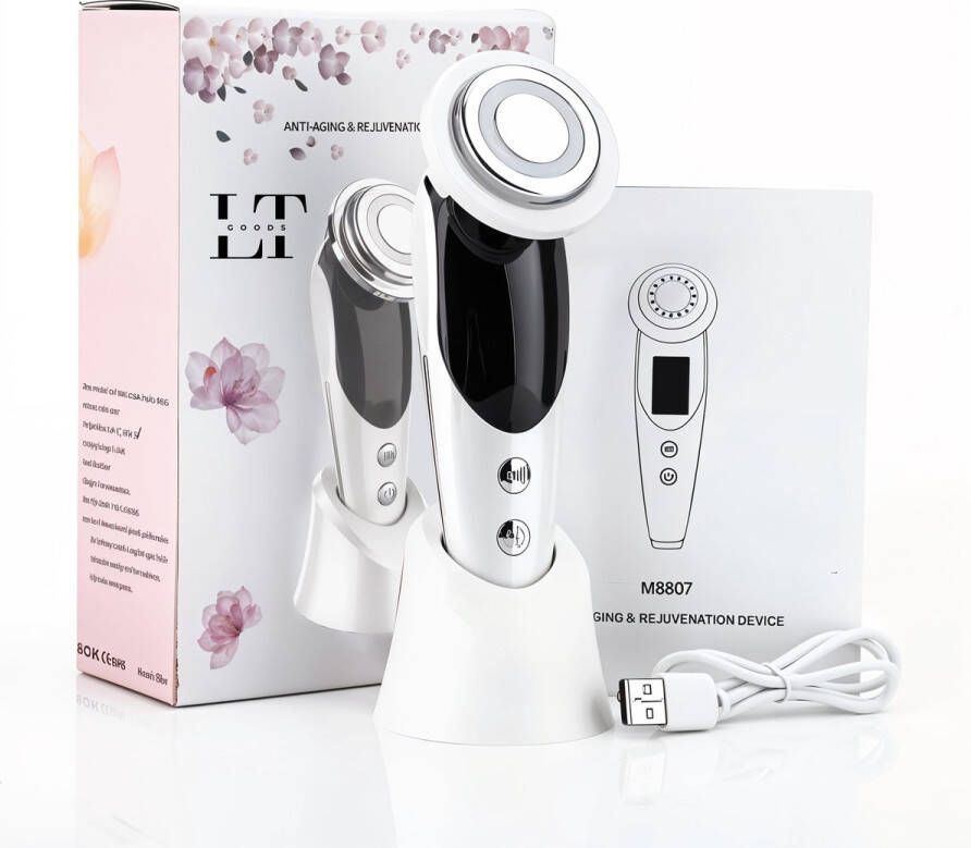 LT Goods 7-in-1 Facelift & Huidverjongingsapparaat EMS Rood & Blauw Lichttherapie Verstevigt Huid Vermindert Rimpels & Donkere Kringen Wit