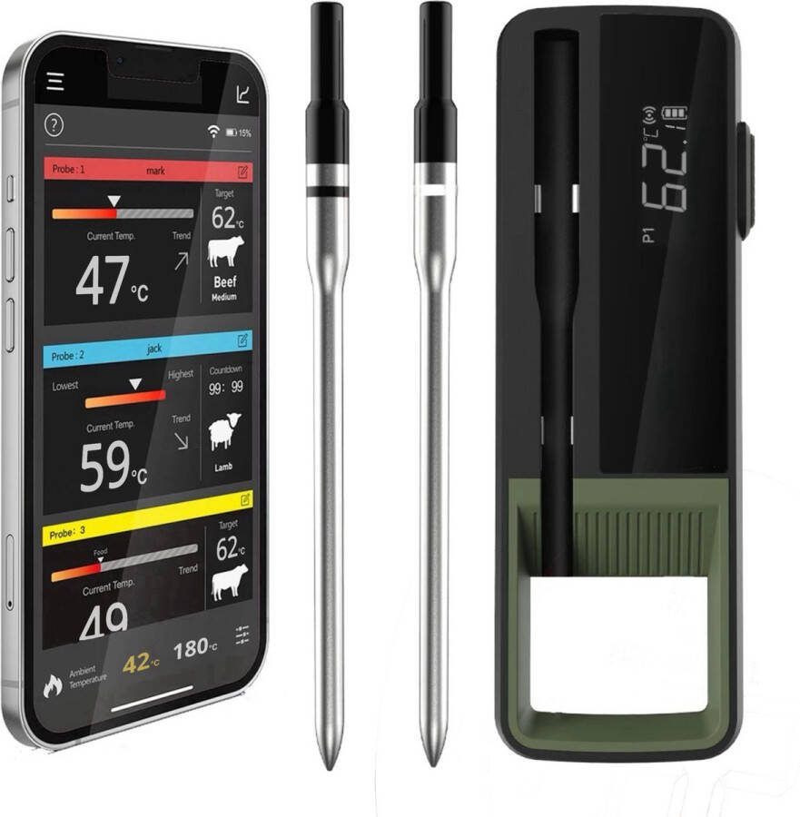 LTMT BBQ Thermometer Double PRO – Oventhermometer Vleesthermometer Draadloos Bluetooth App Draadloos Professionele Thermometer Twee Probes