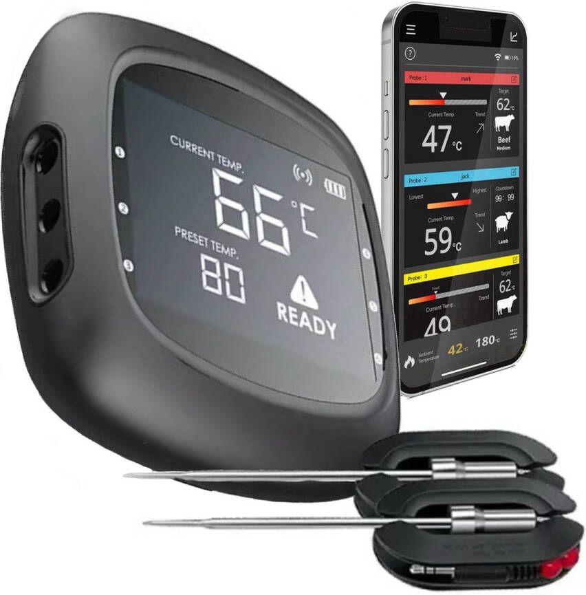 LTMT BBQ Thermometer EasyBBQ Pro – Oventhermometer Vleesthermometer Draadloos Bluetooth App Gedeeltelijk Draadloos Professionele Thermometer Incl. twee Sondes