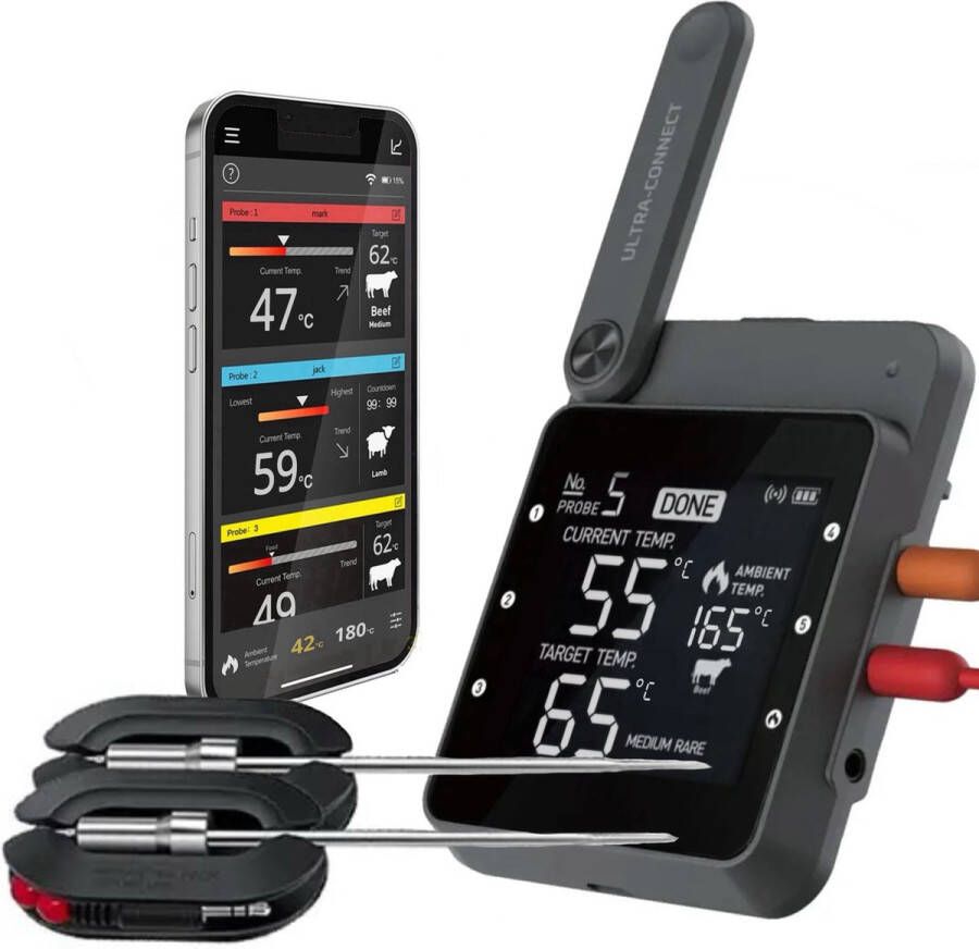 LTMT BBQ Thermometer Smart Vleesthermometer – Oventhermometer Vleesthermometer Draadloos Bluetooth App Gedeeltelijk Draadloos Professionele Thermometer Incl. Twee Sondes