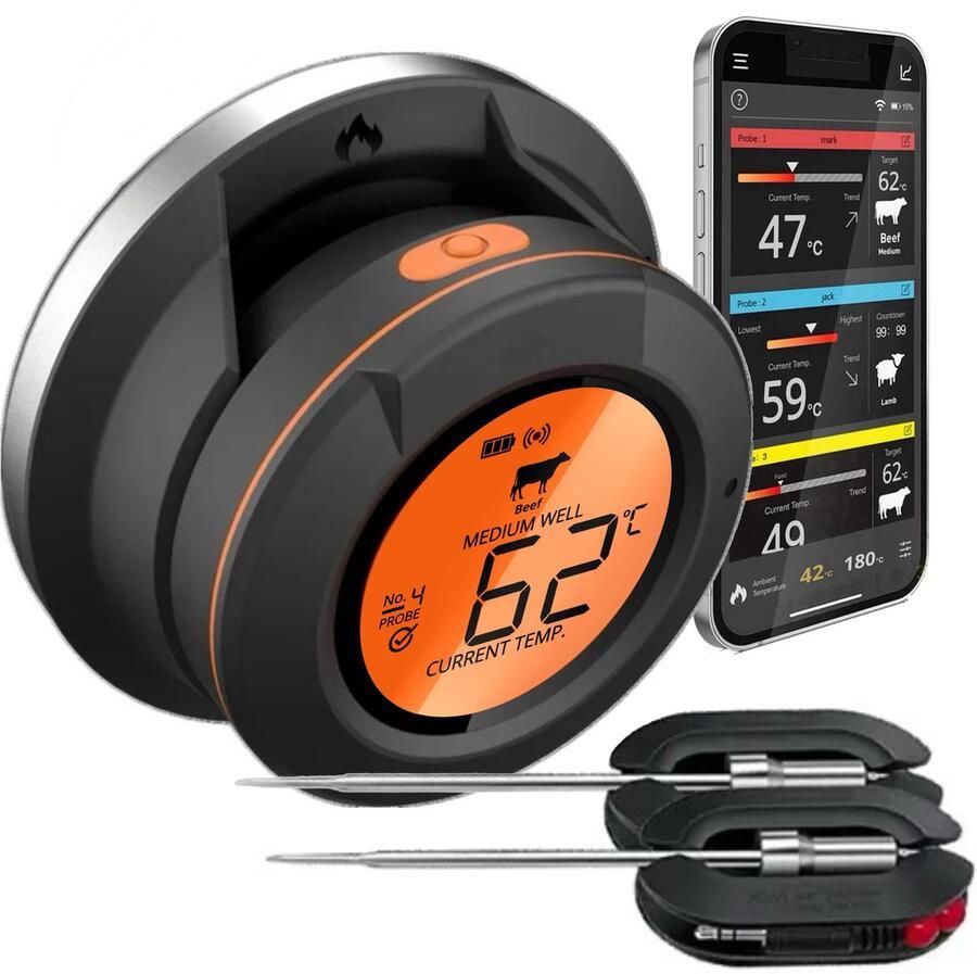 LTMT Dome BBQ Thermometer Vleesthermometer – Oventhermometer Vleesthermometer Draadloos Bluetooth App Gedeeltelijk Draadloos Professionele Thermometer Incl. Twee Sondes