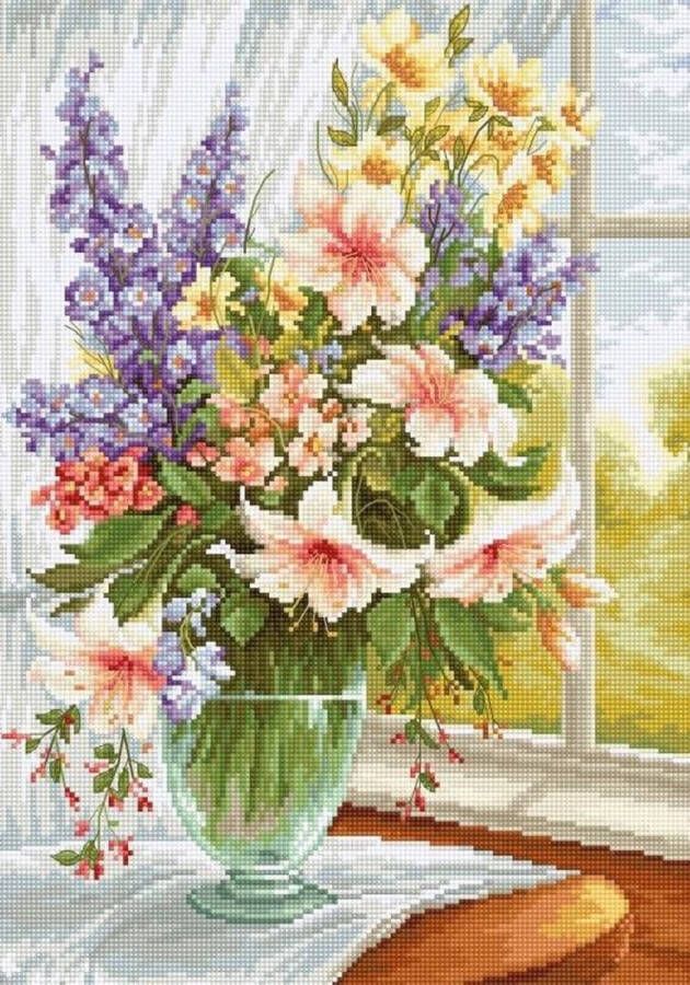 Luca-S Borduurpakket Flowers at the Window bloemen voor het raam om te borduren bu4015