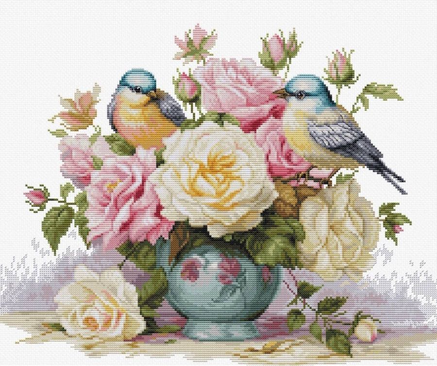 Luca-S Borduurpakket Vase with Roses and Birds Vaas met rozen en vogels B7038