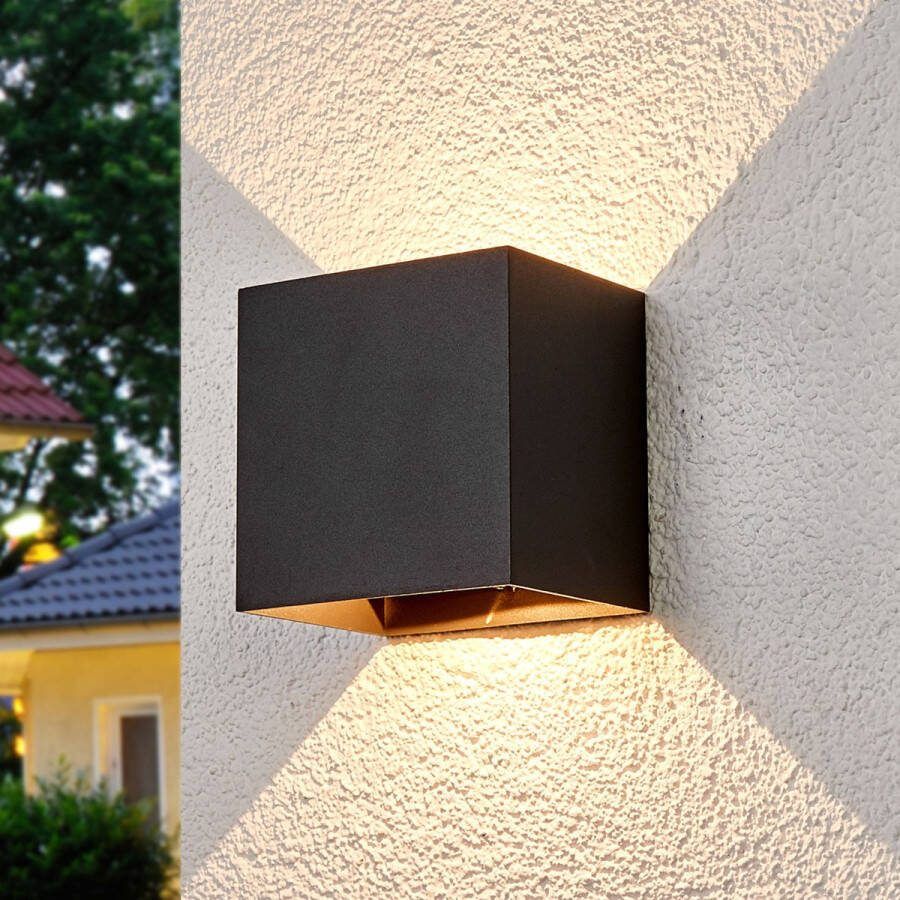 Lucande LED wandlamp buiten 2 lichts drukgegoten aluminium kunststof H: 14 cm donkergrijs helder Inclusief lichtbronnen