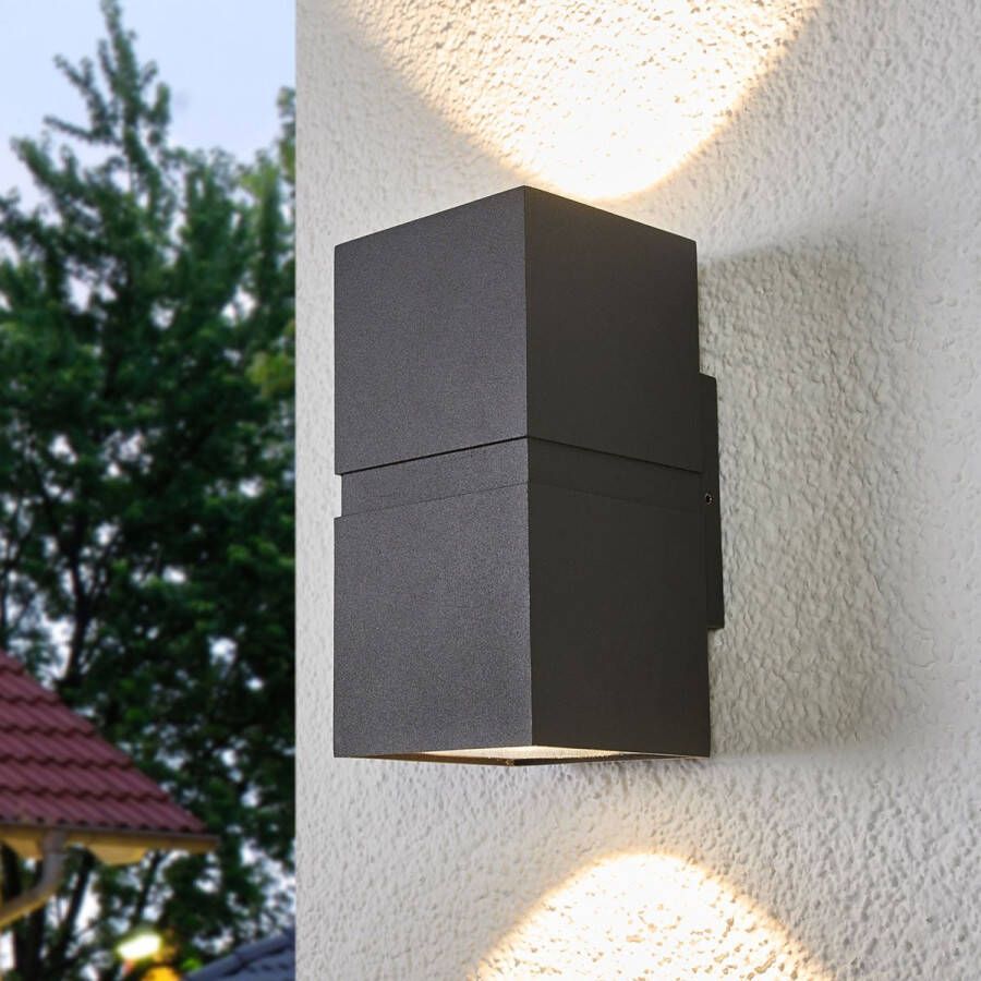 Lucande LED wandlamp buiten 2 lichts drukgegoten aluminium glas H: 18 cm donkergrijs transparant Inclusief lichtbronnen
