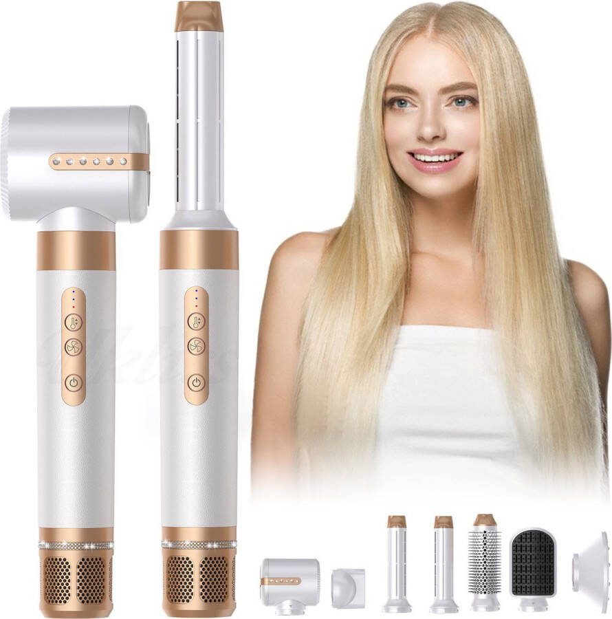 Lucellia 7-in-1 Föhnborstel Set Met 7 Opzetstukken Multifunctionele Haardroger Hairstyler Haardroger met Borstel Fohnborstel roterend LuchtKrultang Krulborstel-Stijlborstel- Automatische Krultang- Stijltang White Gold Diamond Edition