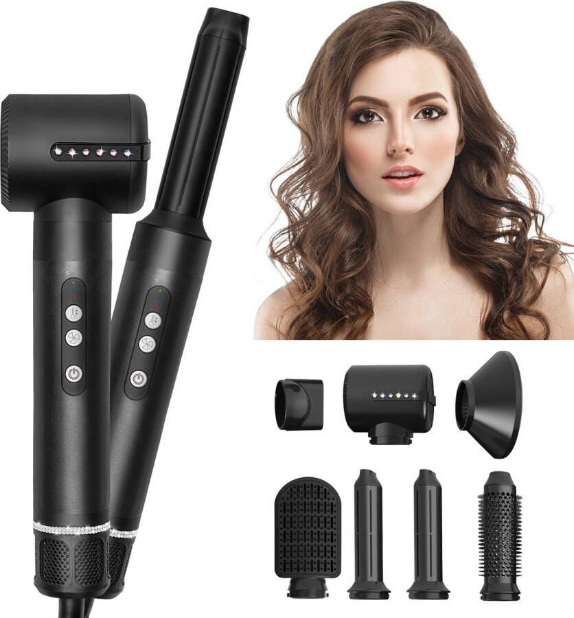 Lucellia 7-in-1 Föhnborstel Set Met 7 Opzetstukken Multifunctionele Haardroger Hairstyler Haardroger met Borstel Fohnborstel roterend LuchtKrultang Krulborstel -Stijlborstel-Automatische Krultang- Stijltang-Black Silver Diamond Edition
