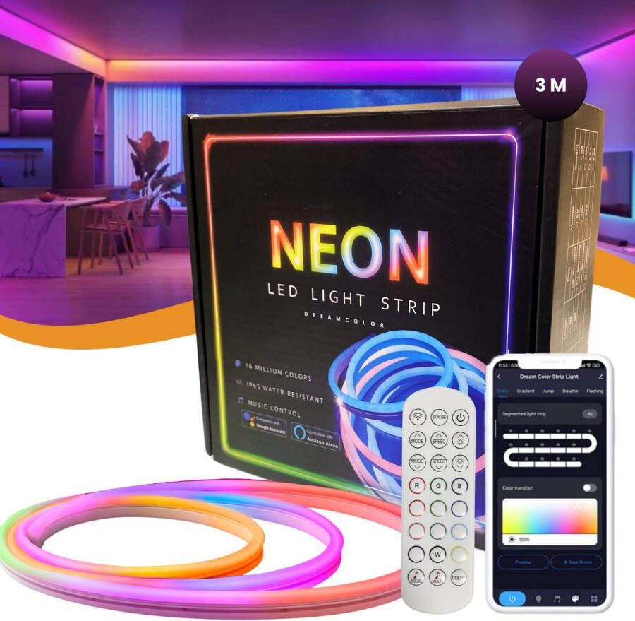Lucion RGBIC Led strip 3 meter Neon led lamp Neon wandlamp Smart led light strip Neon verlichting Smart led strip Gaming Accesoires Led verlichting Lichtstrip Neon led strip buiten Google Home Alexa