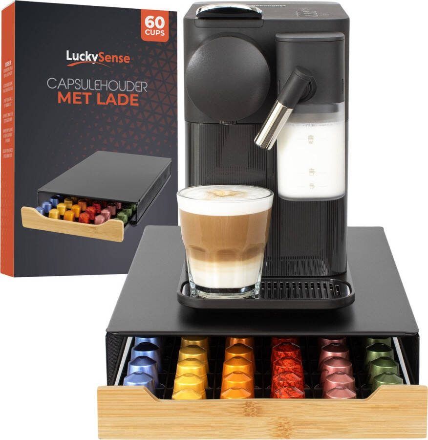 LuckySense Capsulehouder met Lade voor Nespresso Cuphouder 60 Koffiecups Capsulehouders RVS Zwart met Bamboe