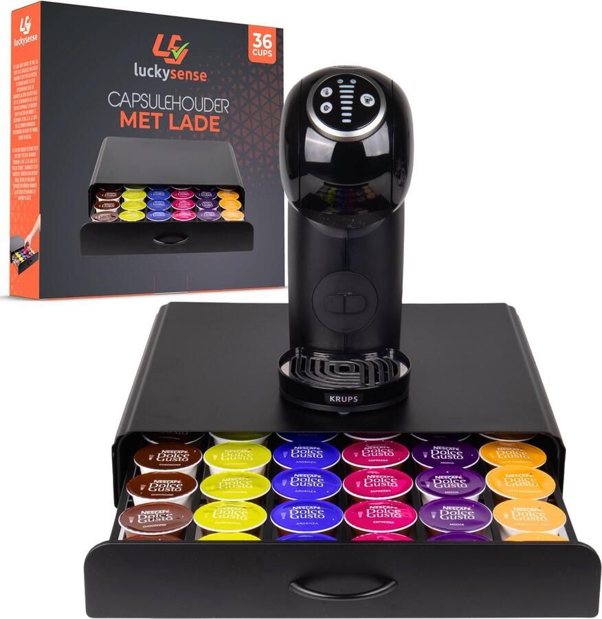 LuckySense Capsulehouder met Lade – Koffiecups houder – Geschikt voor Dolce Gusto – 36 Cups RVS Zwart
