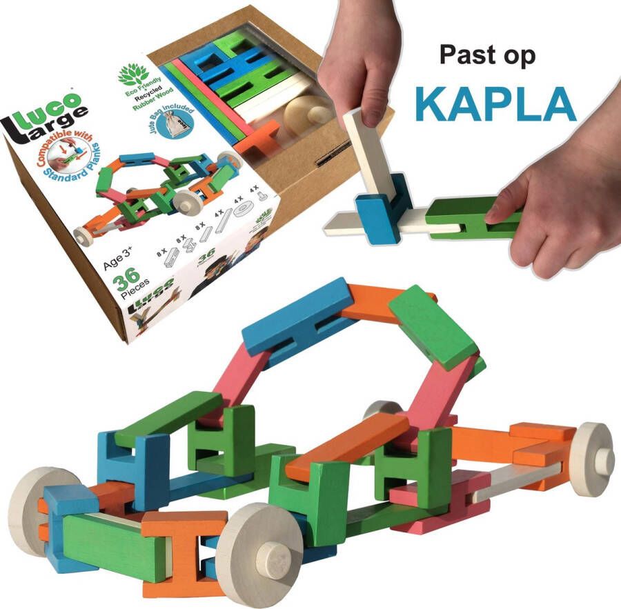 Luco toys Luco Large ECO houten speel Blokken plankjes en WIELEN. Uitbreiding voor #KAPLA. Duurzame constructieset. 36 elementen.