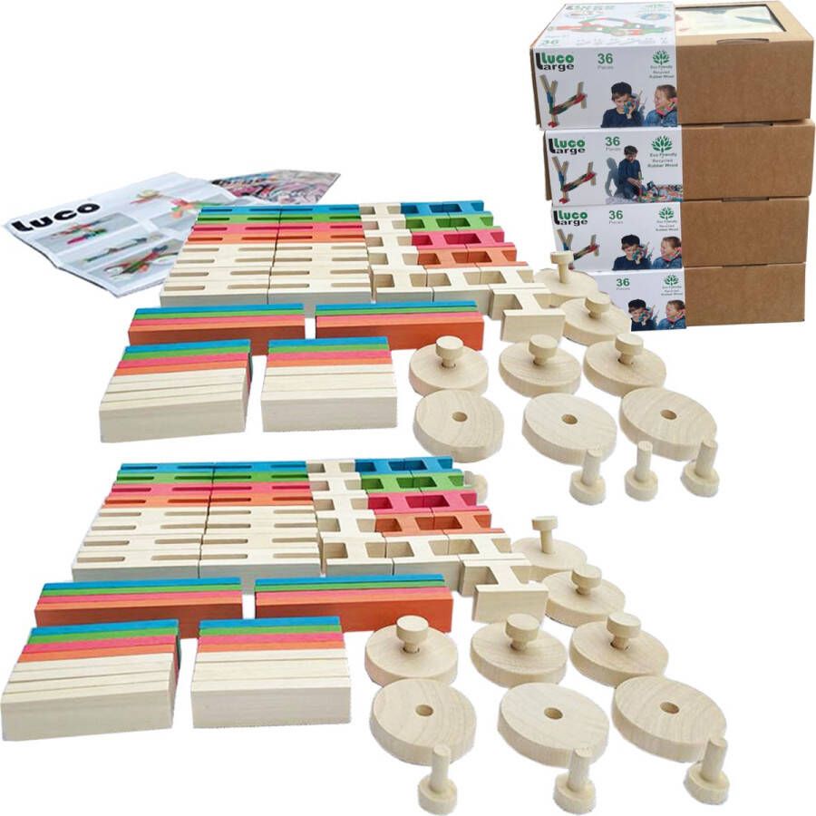Luco toys Luco Large ECO Blokken en plankjes. Met verbindingsstukken en wielen past op KAPLA Bblocks. Duurzame constructieset hout. 144 elementen