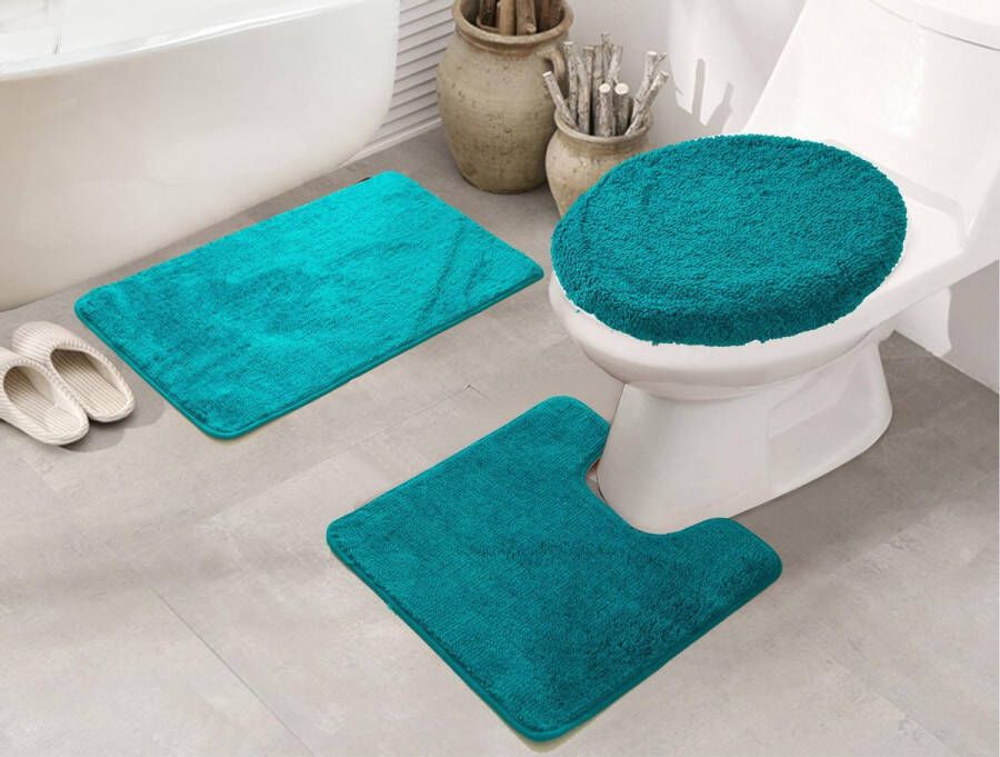 Lucy's Living Luxe 3 SET badmat + wc mat + toiletmat Turquoise – 50 x 80 cm 50 x 50 cm 50 x 52 cm douchemat badmatten badmat antislip badkamer badmat zwart badtextiel polyester wc mat