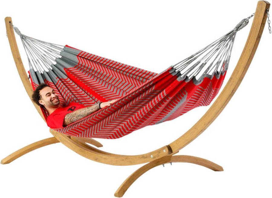 Luilak Hangmat Sounds of China met houten standaard Luxe 2 persoons hangmat Grijs Rood 350 x 160 cm Jacquard geweven 500gr m²