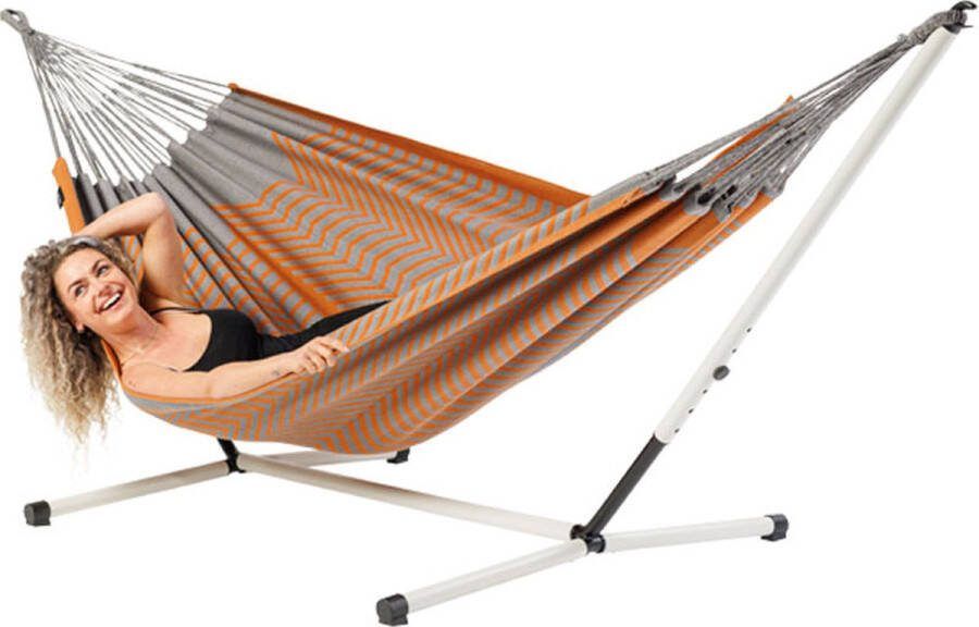 Luilak Hangmat Sounds of India met stalen frame Luxe 2 persoons hangmat Grijs Oranje 350 x 160 cm Jacquard geweven 500gr m²