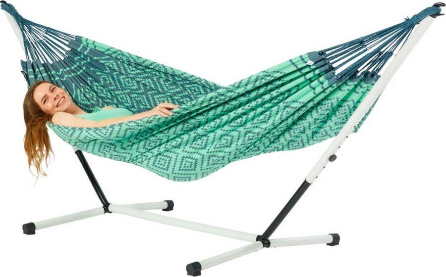 Luilak Hangmat Tones of Edamame met stalen frame Luxe 1 persoons hangmat Groen 300 x 140 cm Jacquard geweven 500gr m²