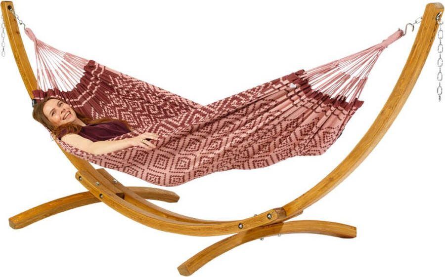 Luilak Hangmat Tones of Eggplant met houten standaard Luxe 1 persoons hangmat Paars 300 x 140 cm Jacquard geweven 500gr m²