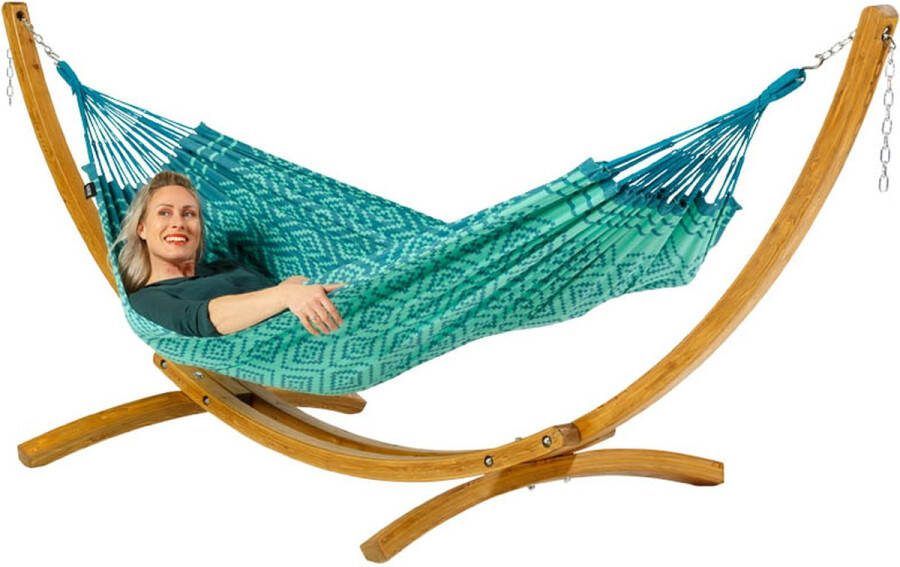 Luilak Hangmat Tones of Pistache met houten standaard Luxe 1 persoons hangmat Groen 300 x 140 cm Jacquard geweven 500gr m²
