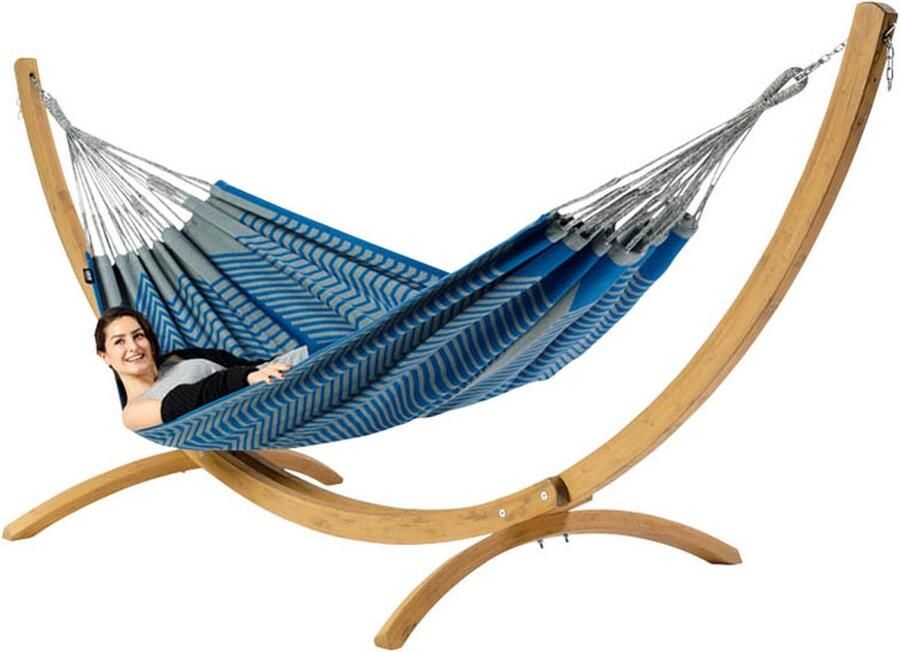 Luilak Hangmat Sounds of France met houten standaard Luxe 2 persoons hangmat Blauw Grijs 350 x 160 cm Jacquard geweven 500gr m²