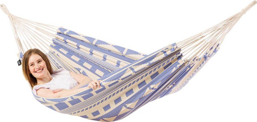 Luilak Luxe Hangmat Ibiza Beach Club 300 Ecru Paars 100% Biologisch Katoen 300 x 140 cm Jacquard geweven 500gr m²
