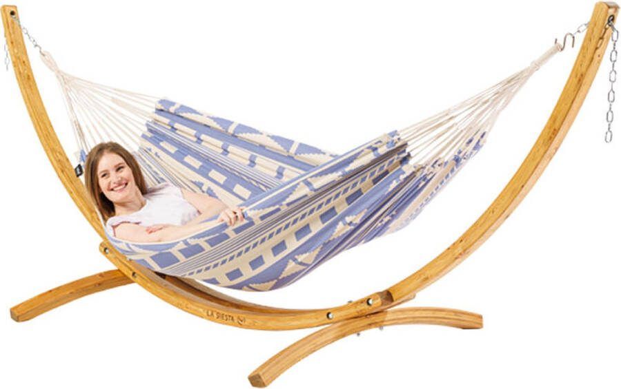 Luilak Luxe Hangmat Ibiza Beach Club met houten standaard 300 Ecru Paars 100% Biologisch Katoen 300 x 140 cm Jacquard geweven 500gr m²