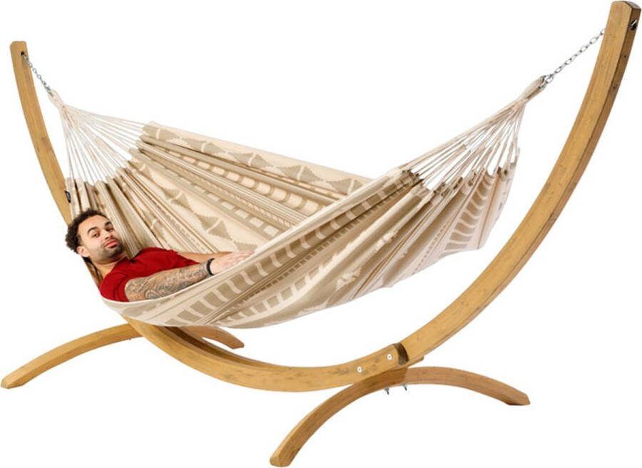 Luilak Luxe Hangmat Ibiza Beach met houten standaard300 Bruin Ecru 100% Biologisch Katoen 300 x 140 cm Jacquard geweven 500gr m²
