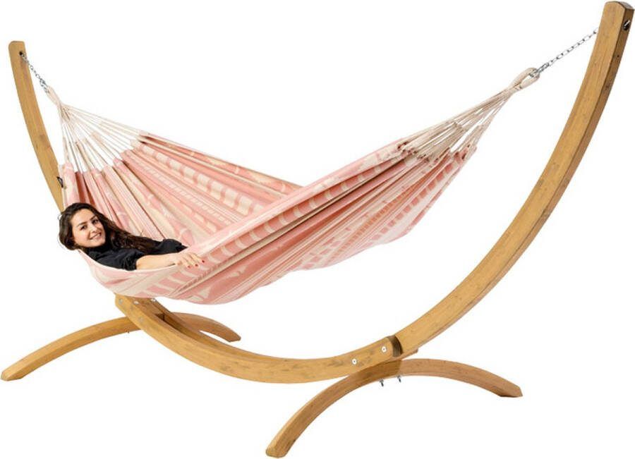 Luilak Luxe Hangmat Ibiza Boho met houten standaard300 Ecru Roze 100% Biologisch Katoen 300 x 140 cm Jacquard geweven 500gr m²