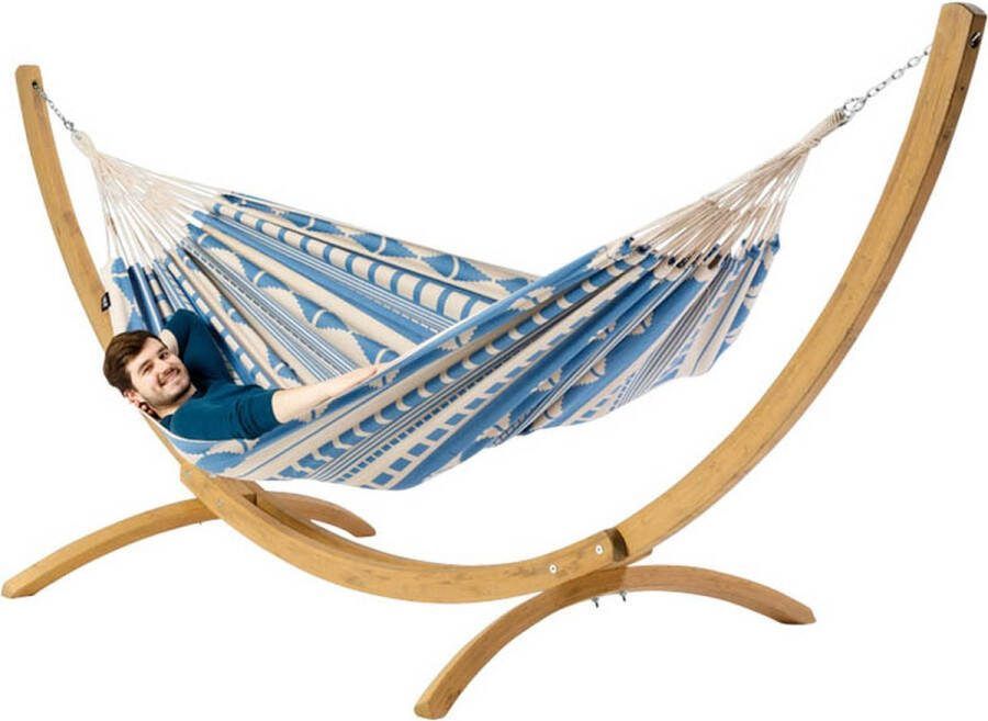Luilak Luxe Hangmat Ibiza Sea met houten standaard 300 Blauw Ecru 100% Biologisch Katoen 300 x 140 cm Jacquard geweven 500gr m²