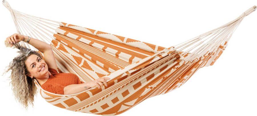 Luilak Luxe Hangmat Ibiza Sunset 300 Ecru Oranje 100% Biologisch Katoen 300 x 140 cm Jacquard geweven 500gr m²