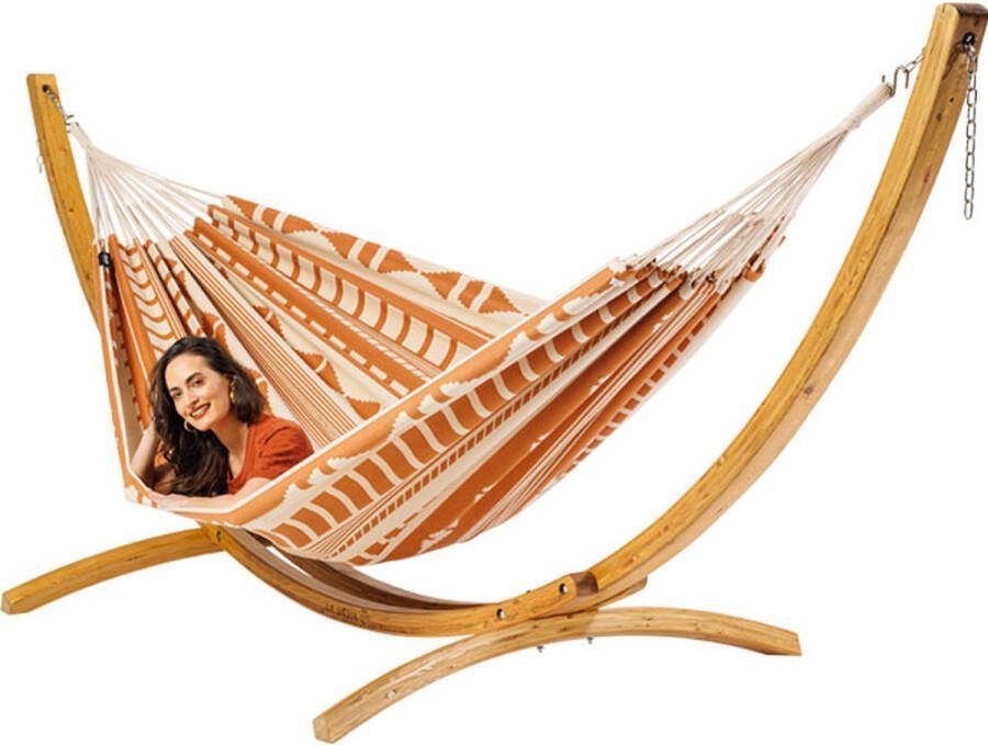 Luilak Luxe Hangmat Ibiza Sunset met houten standaard 400 Ecru Oranje 100% Biologisch Katoen 400 x 180 cm Jacquard geweven 500gr m²