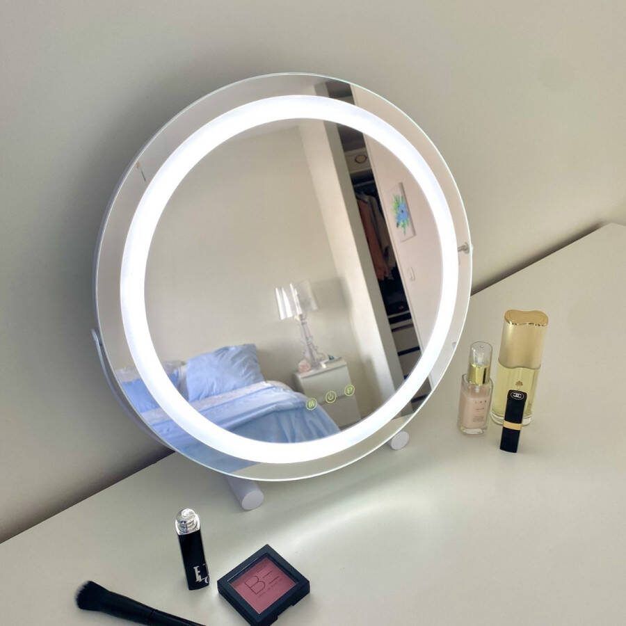 Lukadoo make up spiegel met verlichting Hollywood spiegel rond 3 lichtstanden dimbaar licht touchscreen (40x40cm) wit