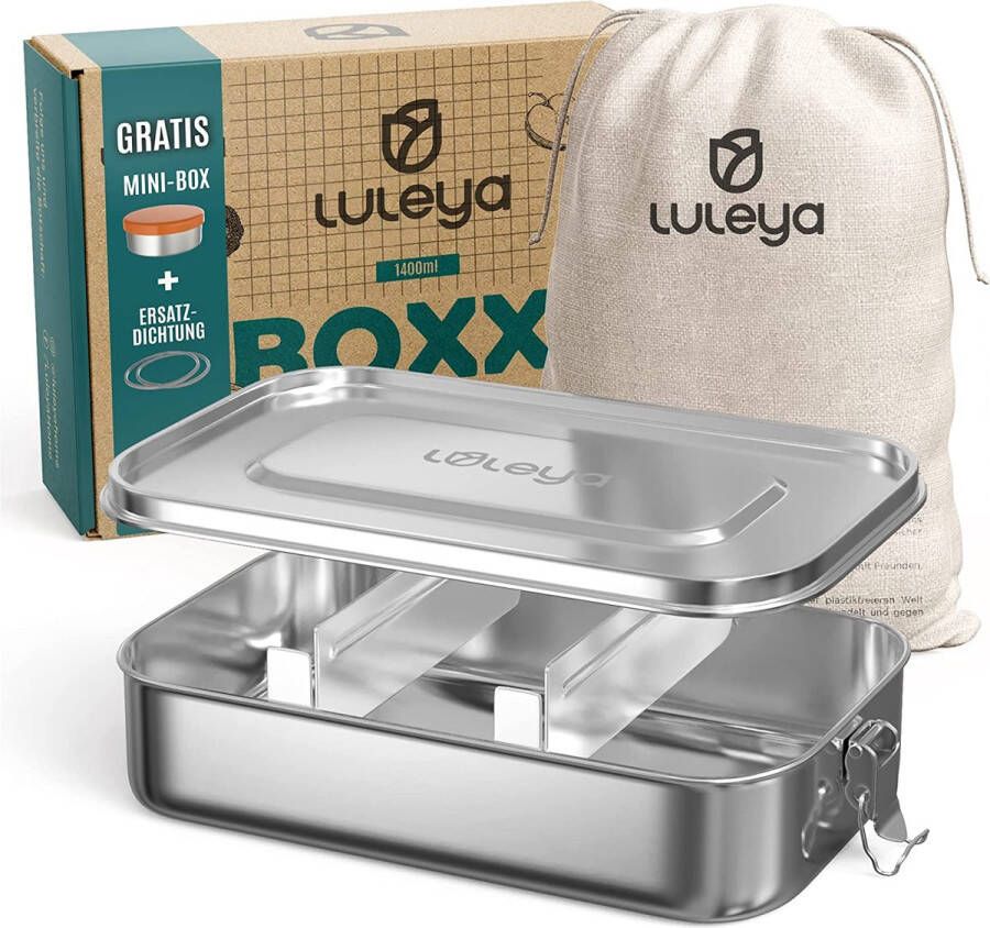 LULEYA Premium broodtrommel roestvrij staal met vakken 1400 ml groot lekvrije bentobox lunchbox voor kinderen en volwassenen incl. mini-doos reserveafdichting scheidingswanden en opbergzak
