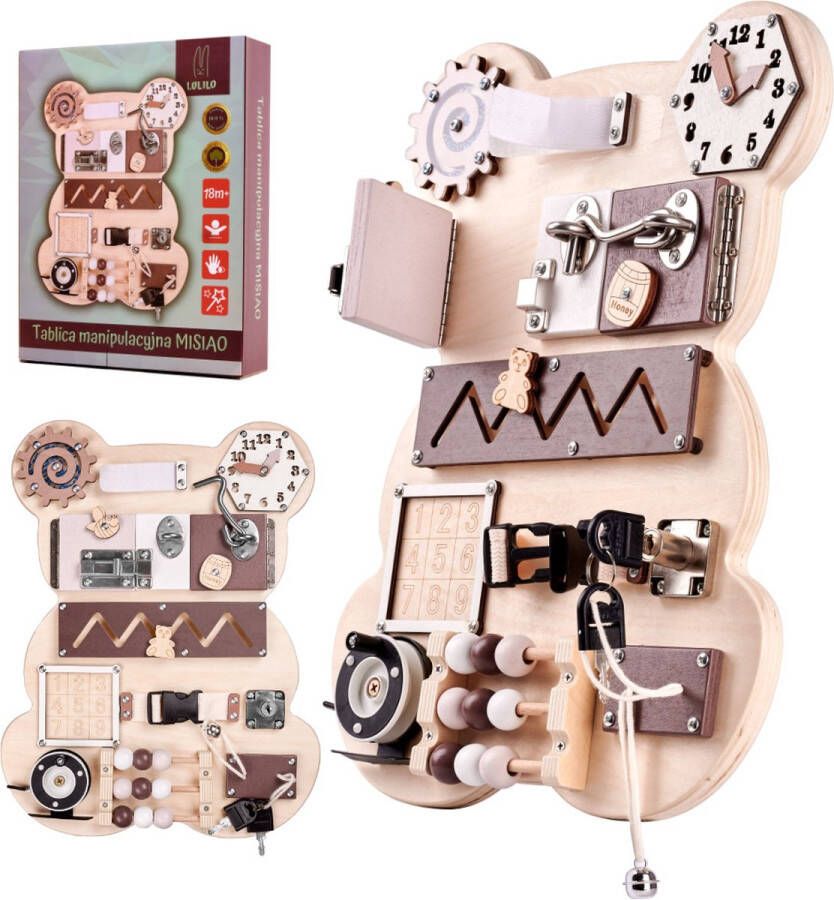 LULILO Sensorisch Educatief Speelgoed Activiteitenbord Manipulatie Bord Montessori Speelgoed Houten Speelgoed Teddybeer 28cm x 40cm
