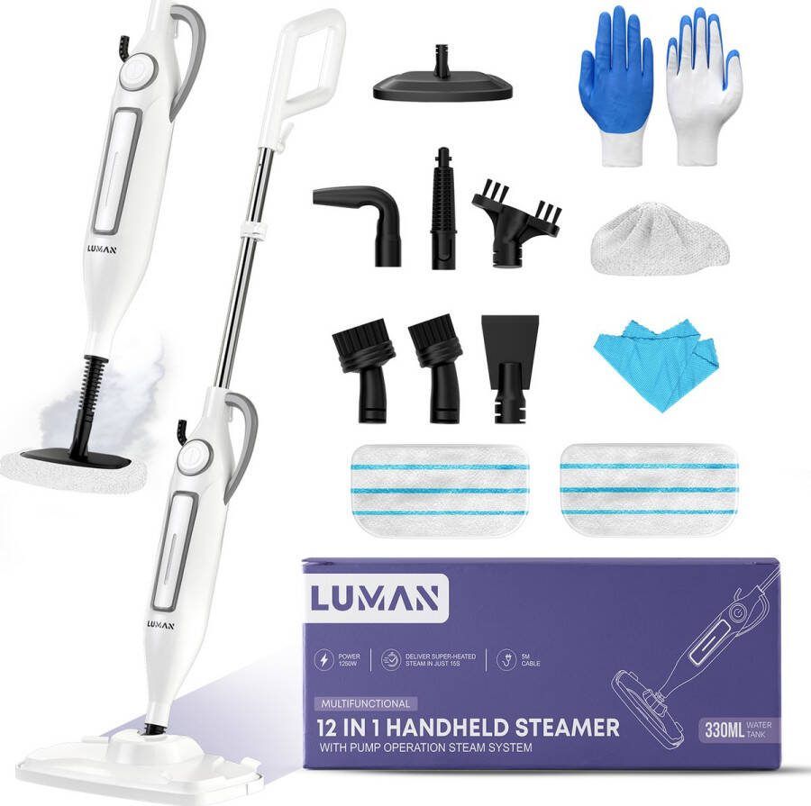 LUMAN 12 in 1 Stoomreiniger Én Handstomer V2 Tapijtreiniger Vlekkenreiniger Met 9 Opzetstukken en 2 Microvezeldoeken Vloer Bank Badkamer en Tapijt Reinigen Wit